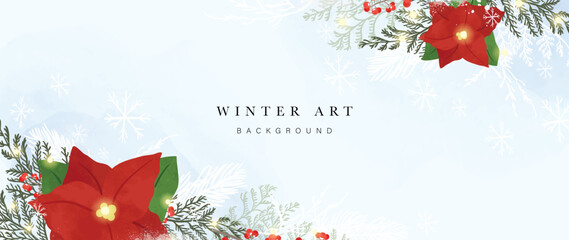 Poinsettia corner vector background with winter foliage and light snow, warm holiday frame for greeting cards and flyers © TWINS DESIGN STUDIO