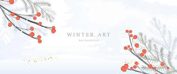 Fototapeta premium Winter art vector background with red berry branches and soft snow field, delicate seasonal frame for greeting cards and invitations