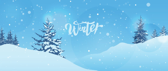 Snowy hillside vector background with blue sky and drifting flakes, cheerful winter scene for posters and digital wallpapers