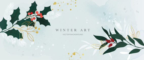 Winter floral vector background with holly leaves, berries and soft snow, refined seasonal frame for invitations and greeting cards