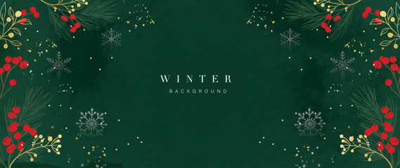 Deep green winter vector background with holly, mistletoe and delicate ornaments, classy festive frame for invitations and stationery