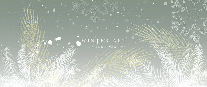 Muted pine needle vector background with light snowfall and mist, minimal winter design for elegant greeting cards