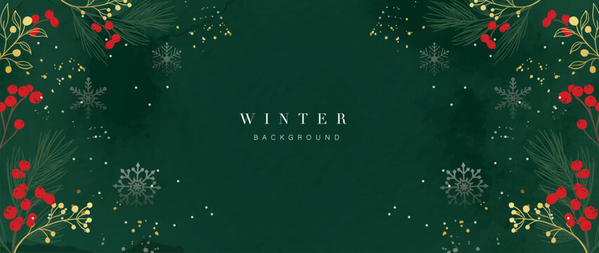 Deep green winter vector background with holly, mistletoe and delicate ornaments, classy festive frame for invitations and stationery