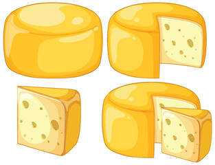 Whole and Sliced Cheese Wheels Vector Illustration