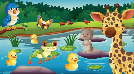 Fototapeta premium Cartoon Jungle Animals Gather by Riverbank in Daylight