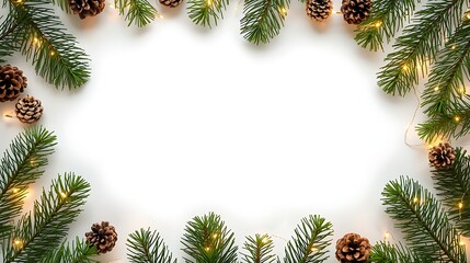 White blank Christmas card in the center. Background in soft white, beige, and gold tones with bright green spruce branches, brown pinecones, and subtle golden fairy lights.