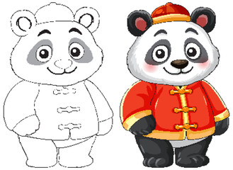 Cartoon Panda in Traditional Chinese Outfit, Color and Outline