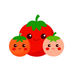 Three adorable cartoon tomatoes with happy faces and green stems