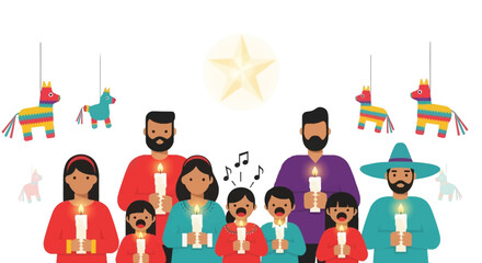 A group of people are singing in front of hanging piñatas while holding candles