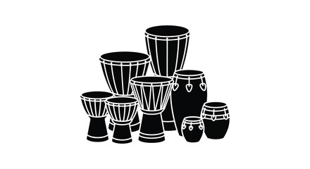 A collection of various african percussion drums arranged together in a striking black silhouette against a white background