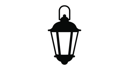 A classic dark black silhouette of an old fashioned hanging lantern with a handle against a white background © Kuntol02