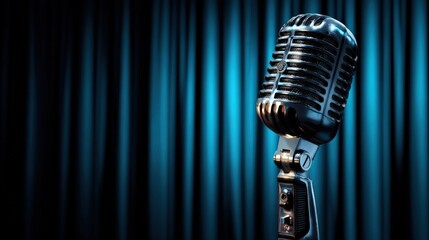 Vintage Microphone on Stage with Blue Curtain Background