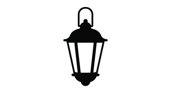 A classic dark black silhouette of an old fashioned hanging lantern with a handle against a white background