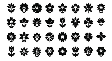 Collection of Black and White Floral Icons and Silhouettes. EPS Editable