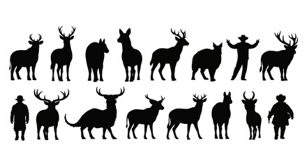 Collection of black deer and hunter silhouettes isolated on a white background. EPS Editable