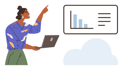 Professional presenting bar chart analysis while holding a laptop, cloud storage icon below. Ideal for data presentation, business trend, digital storage, teamwork, education, strategy, simple flat