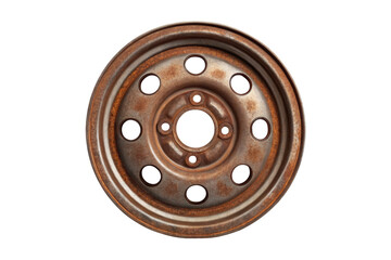 Rusty car wheel isolated on transparent background shows aging and neglect