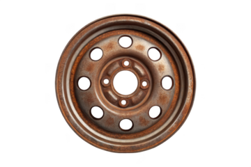 Rusty car wheel isolated on transparent background shows aging and neglect