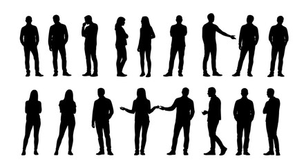Collection of black silhouettes of men and women in various standing poses on a white background. EPS Editable