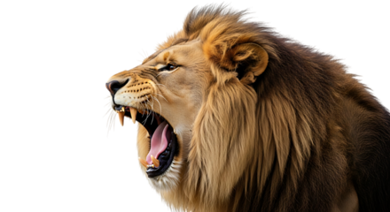 Close-up profile of a male lion yawning wide showing teeth and pink tongue with a full mane isolated on a transparent background
