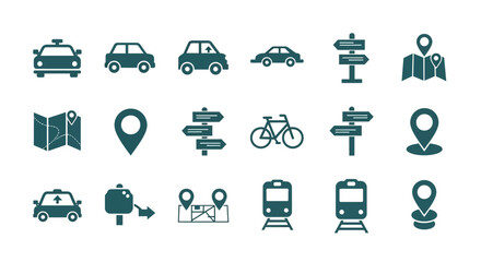 Collection of flat transportation and navigation vector icons for travel. EPS Editable