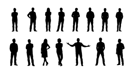 A diverse collection of black human silhouettes standing in various poses isolated on a white background. EPS Editable