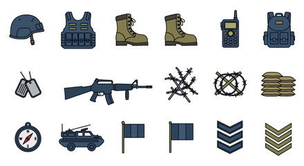 Military equipment icons set featuring helmet vest boots rifle radio vehicle flags and rank insignia. EPS Editable