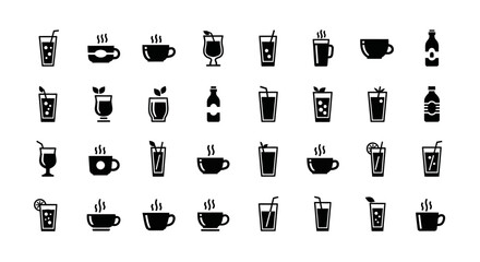 A comprehensive set of black glyph icons for various drinks and beverages. EPS Editable