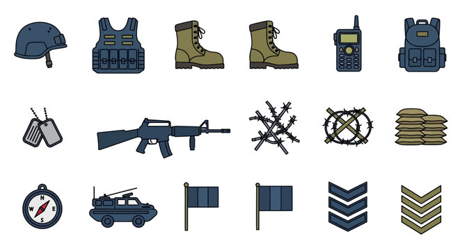 Military equipment icons set featuring helmet vest boots rifle radio vehicle flags and rank insignia. EPS Editable