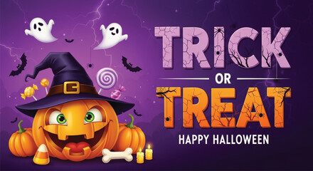 A Halloween illustration featuring a smiling pumpkin wearing a witch hat, surrounded by ghosts, bats, candy, and the words Trick or Treat in a festive design.