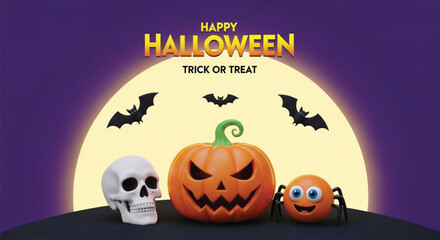 A festive Halloween illustration featuring a skull, pumpkin, and spider set against a backdrop of a full moon and bats, perfect for holiday-themed designs and greetings.