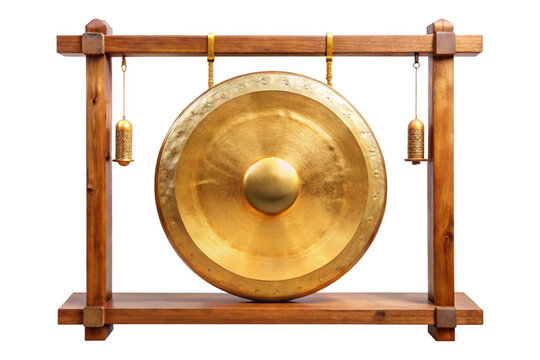 Golden gong on a wooden frame isolated on transparent background