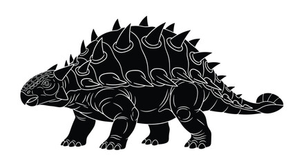 Fototapeta premium Detailed black silhouette illustration of an Ankylosaurus, a heavily armored dinosaur, featuring prominent spikes and a powerful tail club.