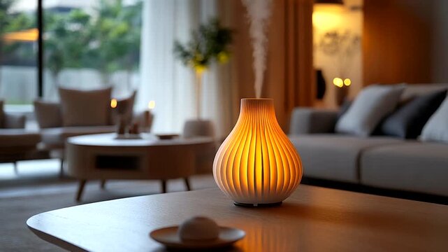 Cozy living room with diffuser and soft lighting ambiance