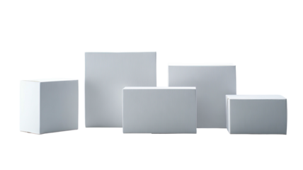 Five simple white geometric cubes/rectangles on a plain dark background