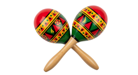 Two colorful wooden maracas with traditional geometric and floral patterns crossed isolated on a transparent background
