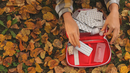 Autumn park. First aid kit. Autumn lawn. High-quality photo.