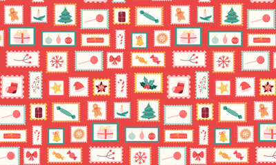 Christmas Postage Stamps Seamless Pattern. Festive Wrapping Paper Design. Hand Drawn Vector Illustrations. Christmas Background