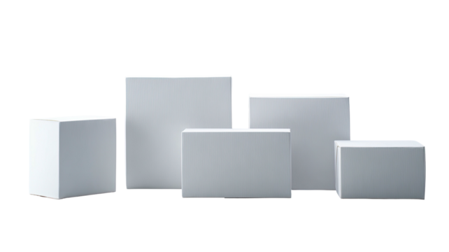 Five simple white geometric cubes/rectangles on a plain dark background