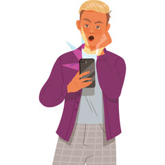 Pixel Art Young Man With Blond Hair Wearing Purple Jacket Holding Smartphone Looking Shocked With Open Mouth And Freckles On Face And White Background