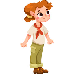 Pixel Art Young Girl Scout Standing Full Body Illustration With Red Scarf And Khaki Uniform And Shoes Isolated On White Background