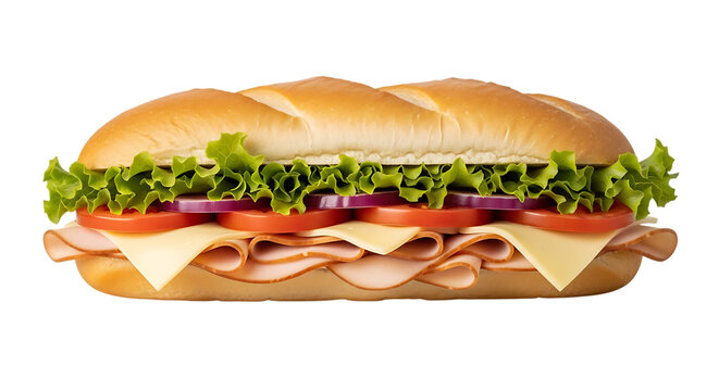 Long sandwich with turkey ham cheese lettuce tomato and red onion isolated on a transparent background