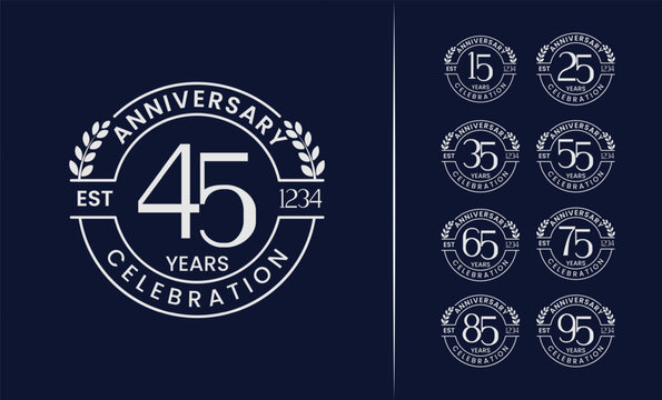 Set of birthday number logo design. 15, 25, 35, 45, 55, 65, 75, 85, 95, premium anniversary symbol with wheat and elegant concept. Years badge vector template