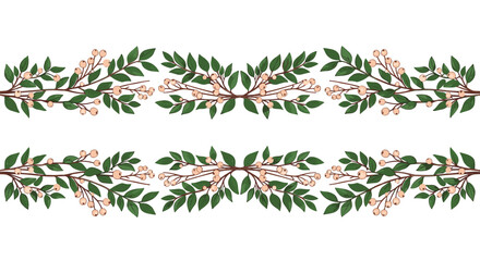 Obraz premium Decorative botanical border with green leaves and delicate light berries, arranged in two symmetrical horizontal patterns on a white background.
