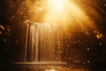waterfall mist glowing under golden sunlight, creating sparkling, dreamlike scene
