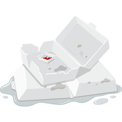 Pixel Art White Takeout Food Containers Stacked with Liquid Splatter and Food Residue Transparent Background