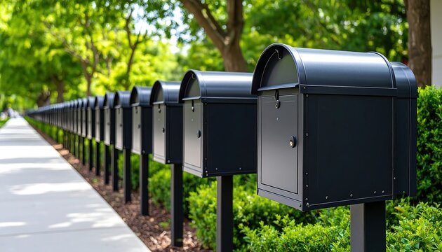 Row of Modern Black Mailboxes Lining a Residential Street on a Sunny Day.