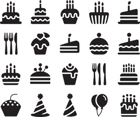 Cake Silhouette Vector Bundle | Celebration Food Icons | Cupcake, Slice Vector