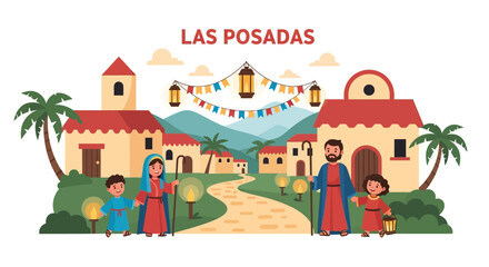 Cartoon depiction of Las Posadas with Mary Joseph children houses lanterns and banners