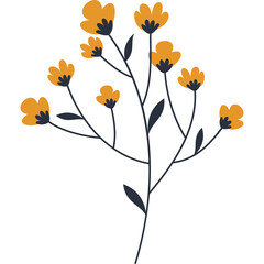 Delicate Mustard Yellow Floral Stem with Dark Navy Blue Leaves and Transparent Background Isolated Graphic Element
